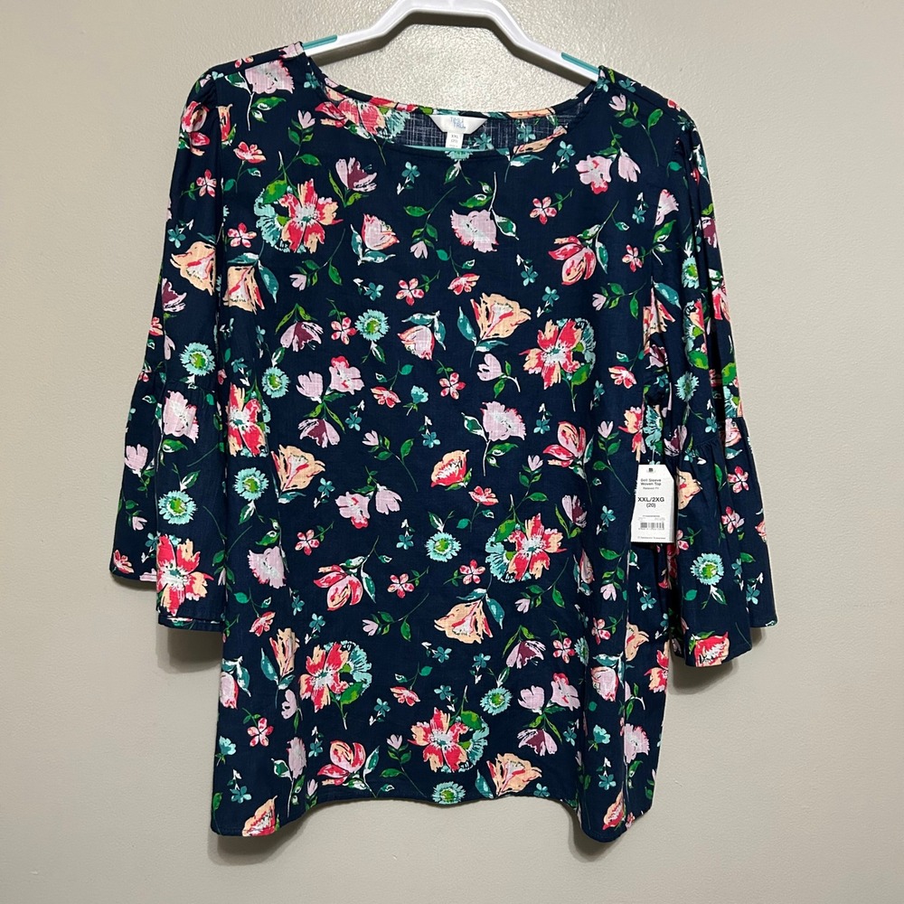 Time and Tru Blouse XXL Blue Floral Bell Sleeve Woven Top NEW Cotton Cottagecore